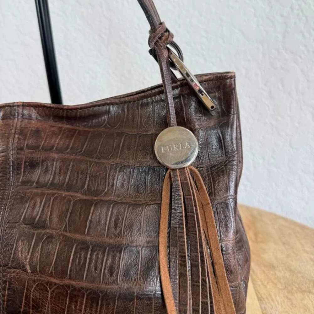 Furla Croc Embossed Brown Leather Hobo